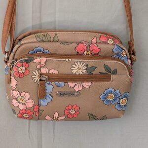 MultiSac Floral Purse, tan background, silver accents, multi color flowers.